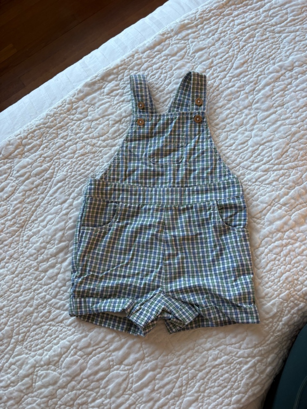 Cyrillus Plaid Shortall Overalls - Green/Blue